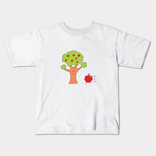 cute an apple run through a tree Kids T-Shirt by wordspotrayal